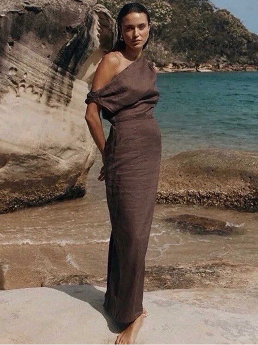 DISSH One-Shoulder Asymmetric Brown Maxi Dress